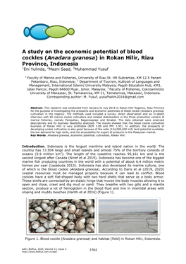 A Study on the Economic Potential of Blood Cockles (Anadara Granosa) in Rokan Hilir, Riau Province, Indonesia 1Eni Yulinda, 2Mazni Saad, 3Muhammad Yusuf