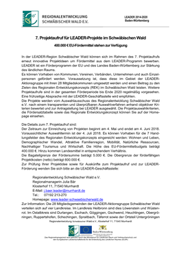 7. Projektaufruf Für LEADER-Projekte Im Schwäbischen Wald 400.000 € EU-Fördermittel Stehen Zur Verfügung