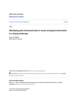 Identifying Plant Functional Traits to Assist Ecological Intervention in a Drying Landscape