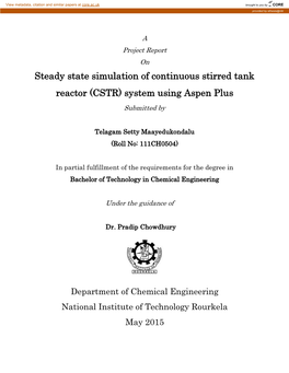 Steady State Simulation of Continuous Stirred Tank Reactor (CSTR) System Using Aspen Plus