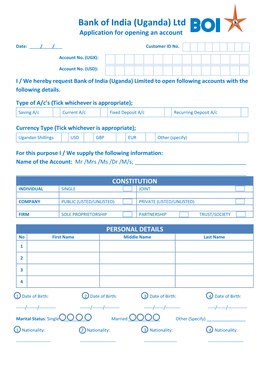 Bank of India (Uganda) Ltd Application for Opening an Account