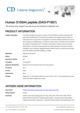 Human S100A4 Peptide (DAG-P1957) This Product Is for Research Use Only and Is Not Intended for Diagnostic Use