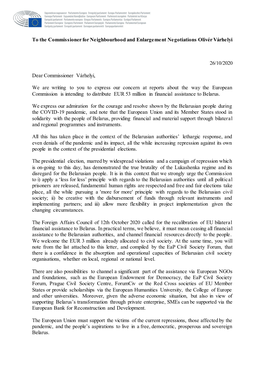 Letter to Commissioner Varhelyi on EU Finanial Assistance