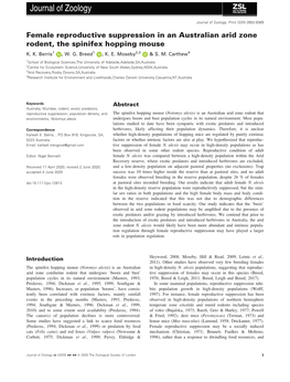 Female Reproductive Suppression in an Australian Arid Zone Rodent, the Spinifex Hopping Mouse K