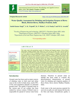 Water Quality Assessment for Drinking and Irrigation Purpose of Rewa Block, District-Rewa, Madhya Pradesh, India