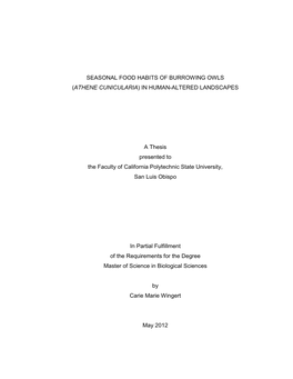 Seasonal Food Habits of Burrowing Owls (Athene Cunicularia) in Human-Altered Landscapes