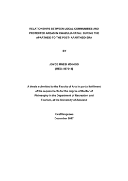 Relationships Between Local Communities and Protected Areas in Kwazulu-Natal: During the Apartheid to the Post- Apartheid Era