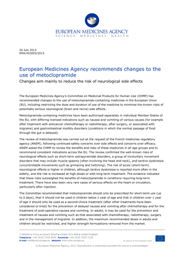 List Item European Medicines Agency Recommends Changes to the Use Of