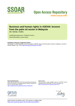 Business and Human Rights in ASEAN: Lessons from the Palm Oil Sector in Malaysia AB