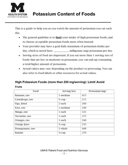 Potassium Content of Foods