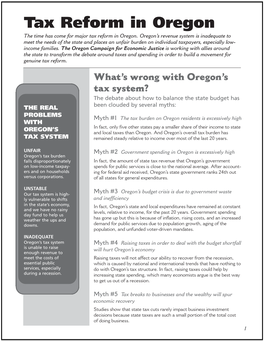 Tax Reform in Oregon the Time Has Come for Major Tax Reform in Oregon