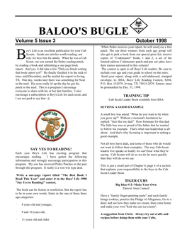 BALOO's BUGLE Volume 5 Issue 3 October 1998 When Pedro Receives Your Report, He Will Send You a Free Oy's Life Is an Excellent Publication for Your Cub Patch