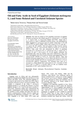 Oil and Fatty Acids in Seed of Eggplant (Solanum Melongena