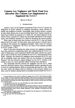 Common Law Negligence and Check Fraud Loss Allocation: Has Common Law Supplemented Or Supplanted the U.C.C.?