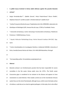 Is Pallial Mucus Involved in Ostrea Edulis Defenses Against the Parasite Bonamia