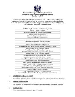 Delaware Thoroughbred Racing Commission Minutes of Public Hearing and Regular Meeting October 18, 2011