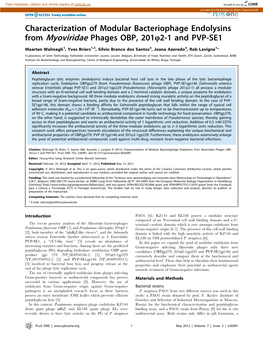 Characterization of Modular Bacteriophage Endolysins from Myoviridae Phages OBP, 201Q2-1 and PVP-SE1