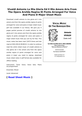 Vivaldi Antonio La Mia Gloria Ed Il Mio Amore Aria from the Opera Arsilda Regina Di Ponto Arranged for Voice and Piano D Major Sheet Music