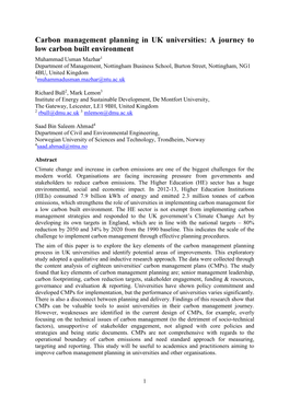 Carbon Management Planning in UK Universities: a Journey to Low Carbon Built Environment