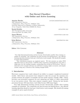 Fast Kernel Classifiers with Online and Active Learning