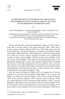 (Brachyura, Pinnotheridae) in the Canary Islands (Ne Atlantic), Its Southernmost Distribution Limit