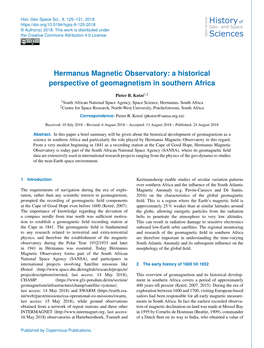 Hermanus Magnetic Observatory: a Historical Perspective of Geomagnetism in Southern Africa