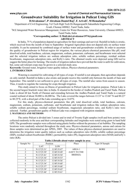 Groundwater Suitability for Irrigation in Pulicat Using