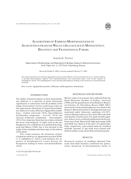 Algorithms of Embryo Morphogenesis in Agapanthus Praecox Willd. (Alliaceae) in Monocotyly, Dicotyly and Transitional Forms