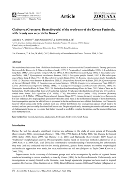 Cladocera (Crustacea: Branchiopoda) of the South-East of the Korean Peninsula, with Twenty New Records for Korea*