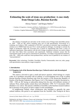 Estimating the Scale of Stone Axe Production: a Case Study from Onega Lake, Russian Karelia Alexey Tarasov 1 and Sergey Stafeev 2