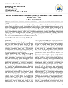 Location Specific Phytochemical and Antibacterial Analysis of Methanolic Extracts of Catunaregam Spinosa (Thunb.) Triveng