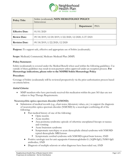 Soliris (Eculizumab) NON HEMATOLOGY POLICY Intravenous Department: PHA