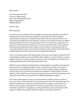 May 14, 2020 the Honourable Scott Moe Premier of Saskatchewan Room 226, 2405 Legislative Drive Regina, Saskatchewan CANADA S4S 0