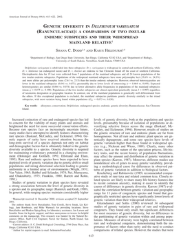 Genetic Diversity in Delphinium Variegatum (Ranunculaceae): a Comparison of Two Insular Endemic Subspecies and Their Widespread Mainland Relative1