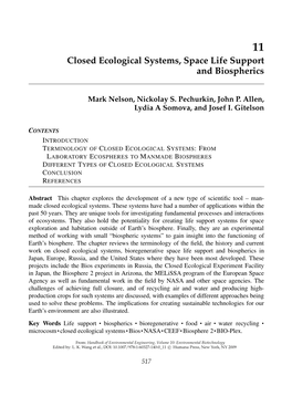 Closed Ecological Systems, Space Life Support and Biospherics