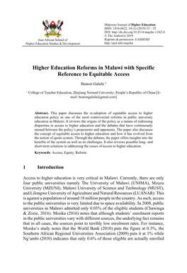 Higher Education Reforms in Malawi with Specific Reference to Equitable Access