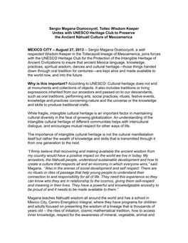 Sergio Magana Ocelocoyotl, Toltec Wisdom Keeper Unites with UNESCO Heritage Club to Preserve the Ancient Nàhuatl Culture of Mesoamerica