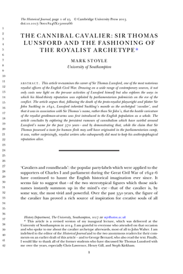 The Cannibal Cavalier: Sir Thomas Lunsford and the Fashioning of the Royalist Archetype*