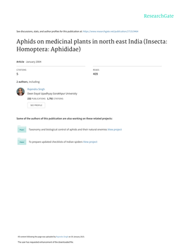 Aphids on Medicinal Plants in North East India (Insecta: Homoptera: Aphididae)