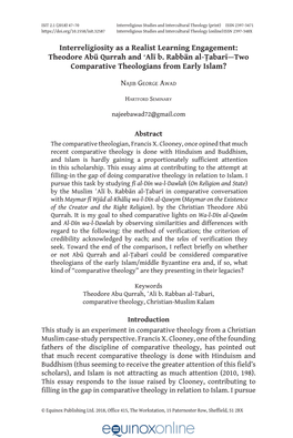 Theodore Abū Qurrah and ʽalī B. Rabbān Al-Ṭabarī—Two Comparative Theologians from Early Islam?