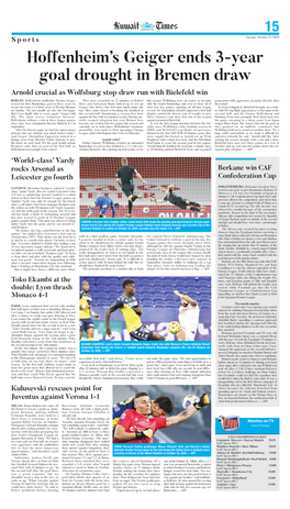 Hoffenheim's Geiger Ends 3-Year Goal Drought in Bremen Draw