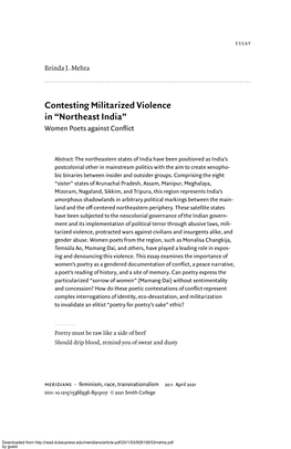 Contesting Militarized Violence in “Northeast India” Women Poets Against Conﬂict