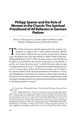 Philipp Spener and the Role of Women in the Church: the Spiritual Priesthood of All Believers in German Pietism