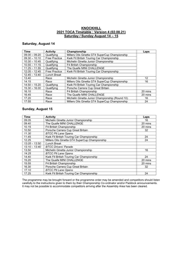 KNOCKHILL 2021 TOCA Timetable : Version 4 (02.08.21) Saturday / Sunday August 14 – 15