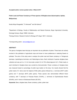 Accepted Author Version Posted Online: 3 March 2017 Pollen Load and Flower Constancy of Three Species of Stingless Bees (Hymenop