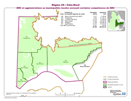 Région 09 : Côte-Nord MRC Et Agglomérations Ou Municipalités Locales Exerçant Certaines Compétences De MRC