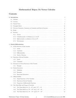 Mathematical Tripos: IA Vector Calculus Contents