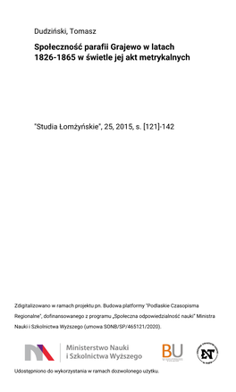 Społeczność Parafii Grajewo W Latach 1826-1865 W Świetle Jej Akt Metrykalnych