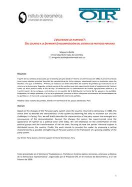 ¿Volvieron Los Partidos?: Del Colapso a La (Aparente) Recomposición Del Sistema De Partidos Peruano