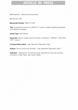 Manuscript Submission Manuscript Draft Manuscript Number: BMB-20-087 Title: Emerging Functions for ANKHD1 in Cance